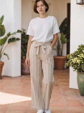 Elegant Striped Wide-Leg Pants in Cream and Tan